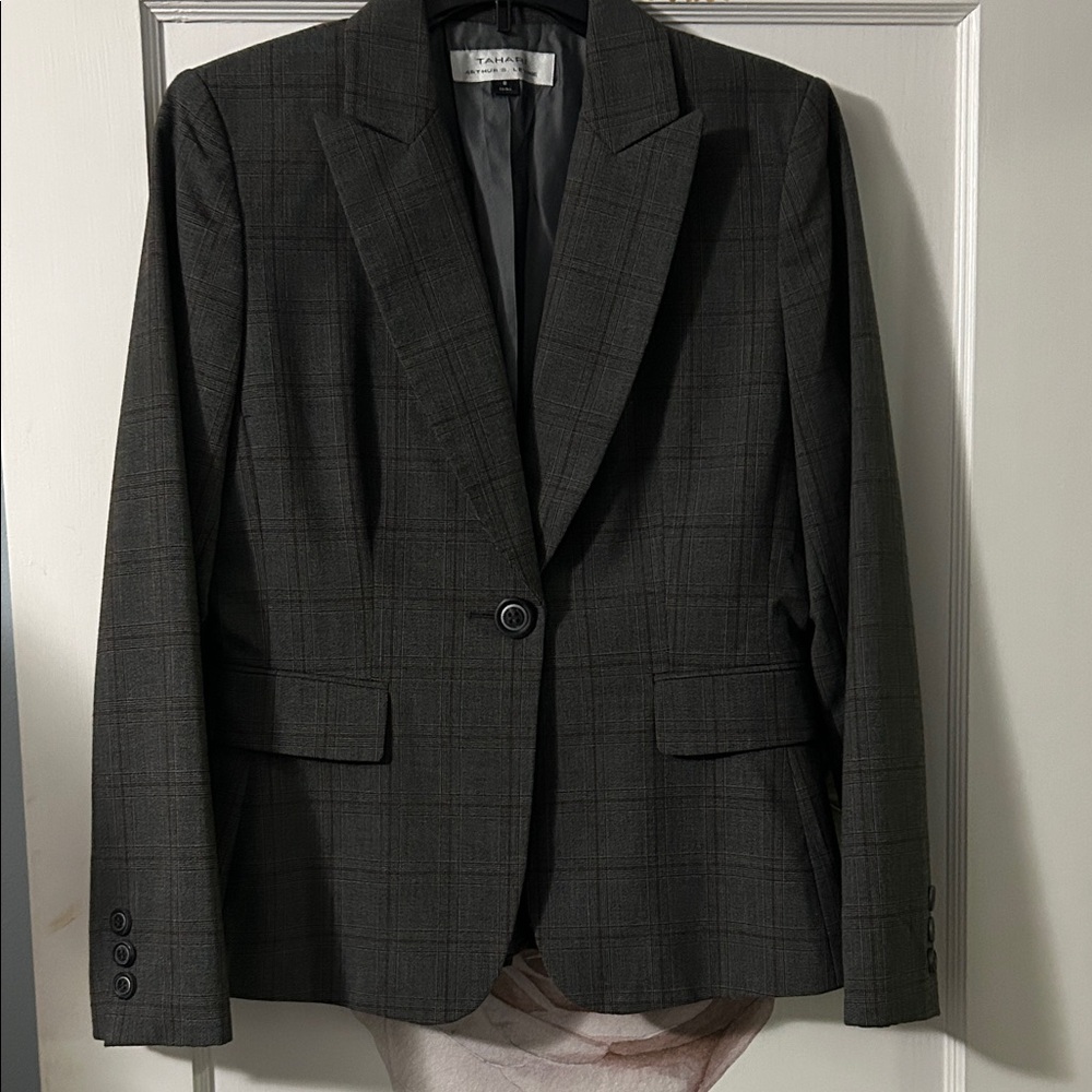 Tahari Brown Charcoal Plaid Single-Button Blazer